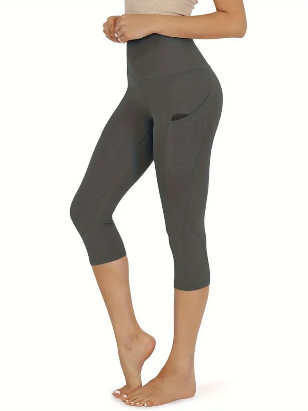 Women Premium Active Capri Yoga Leggings w/Seam Detail & Pockets 1X-3X Charcoal